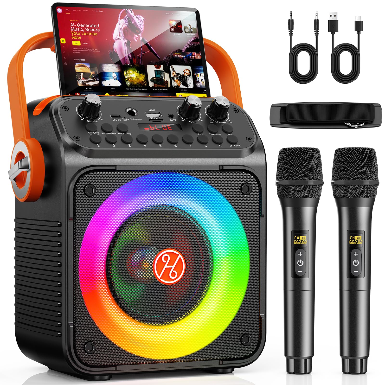 HWWR カラオケセット 家庭用 拡声器 低音強化 マイク2本付き